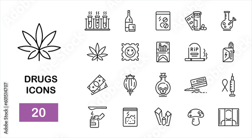 Set of drugs vector line icons such as  extasy, marijuana, heroin, lSD,  cocaine. Vector icons isolated on white background for infographic, web. Vector illustration photo