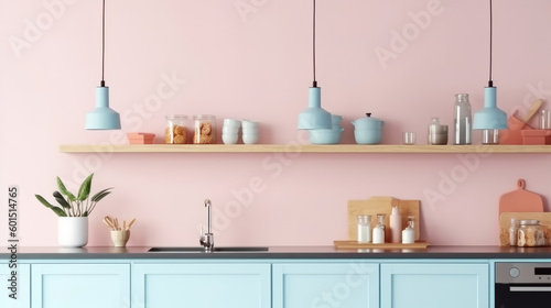 Modern kitchen in pastel colors. Illustration AI Generative.