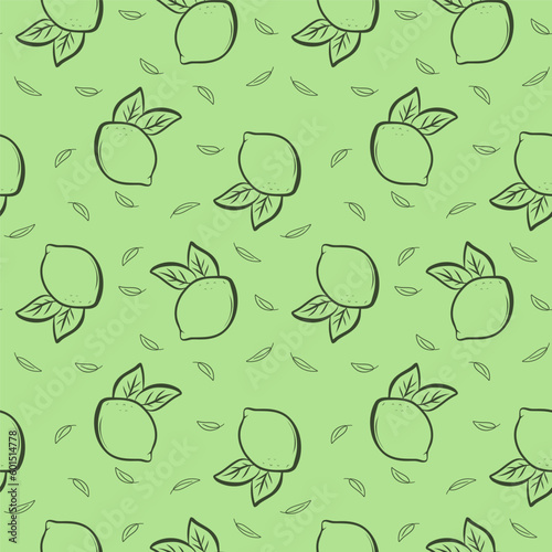 Seamless bright light green pattern with Fresh limes  for fabric, drawing labels, print on t-shirt, wallpaper of children's room, fruit background. Slices of a lime doodle style cheerful background.