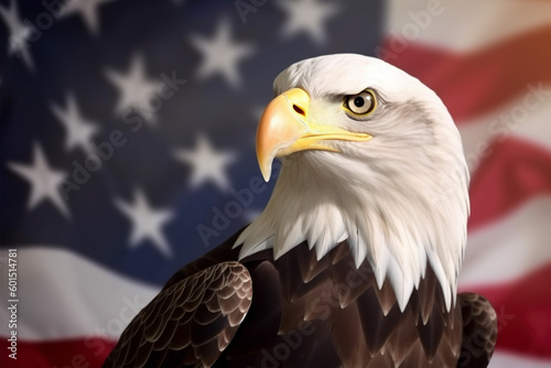 Head of Bald Eagle bird in front of American flag. Generative AI illustration