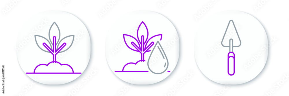 Set line Garden trowel spade or shovel, Plant and Watering plant icon. Vector