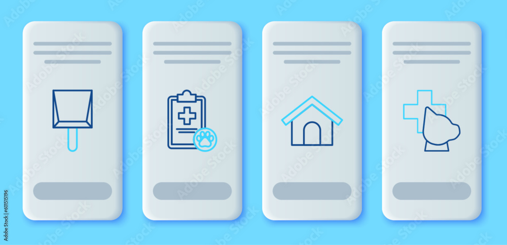 Set line Clipboard with medical clinical record pet, Dog house, Dustpan and Veterinary symbol icon. Vector Set line Clipboard with medical clinical record pet, Dog house, Dustpan and Veterinary symbol icon. Vector