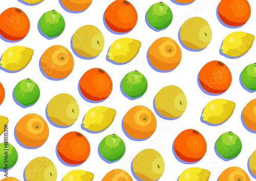 Assorted whole summer citrus fruits illustration on a white background