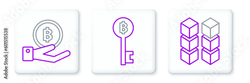 Set line Blockchain technology, Hand holding Bitcoin and Cryptocurrency key icon. Vector
