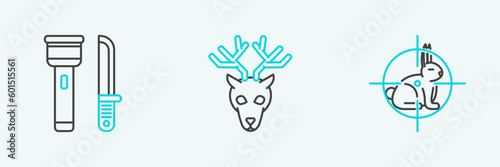 Set line Hunt on rabbit with crosshairs, Flashlight and knife and Deer head antlers icon. Vector