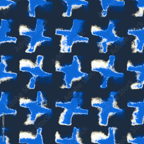 Tonal Blue and White Stained Watercolor Effect Textured Houndstooth Pattern