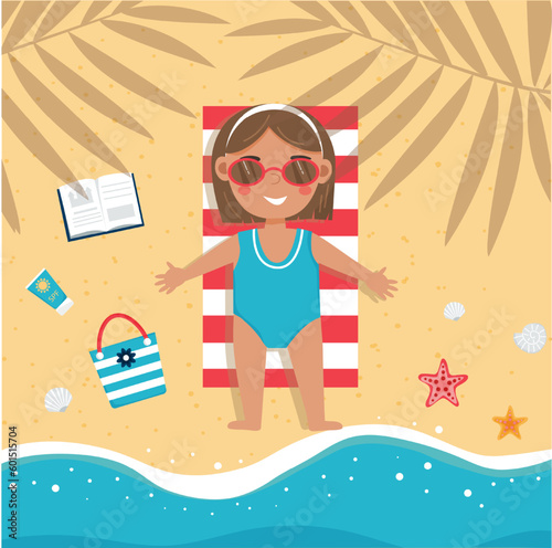 Little girl is lying on the beach and sunbathing on towel in the shade of palm trees on the beach. Cute little girl on vacation. Summer time, holiday. Vector illustration.