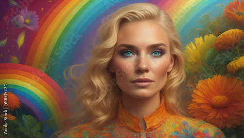 Portrait of beautiful blonde woman with colorful hair and rainbow in the background. Generative AI