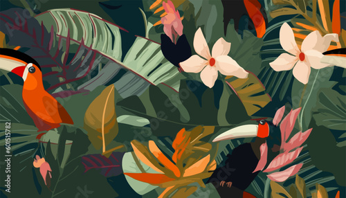 Hand drawn exotic conceptual abstract botanical print. Creative collage contemporary seamless pattern with toucan bird. Fashionable template for design