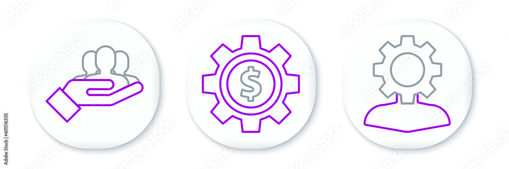 Set line Human with gear inside, Project team base and Gear dollar symbol icon. Vector Set line Human with gear inside, Project team base and Gear dollar symbol icon. Vector