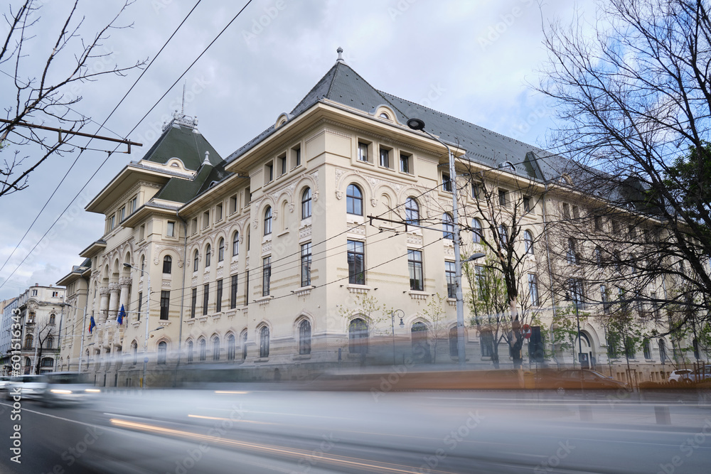 Bucharest city hall building with car traffic. Administration landmark in Romania capital.