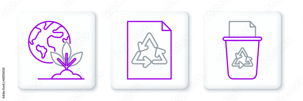 Set line Recycle bin with recycle symbol, Earth globe and plant and Paper icon. Vector Set line Recycle bin with recycle symbol, Earth globe and plant and Paper icon. Vector