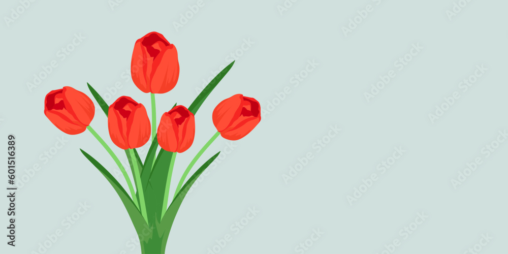 Red tulip flowers and green leaves. Branches or Bouquet of tulips with place for text. Floral flat illustration for banner, greeting card, cover, poster. Women's day festive concept. Vector