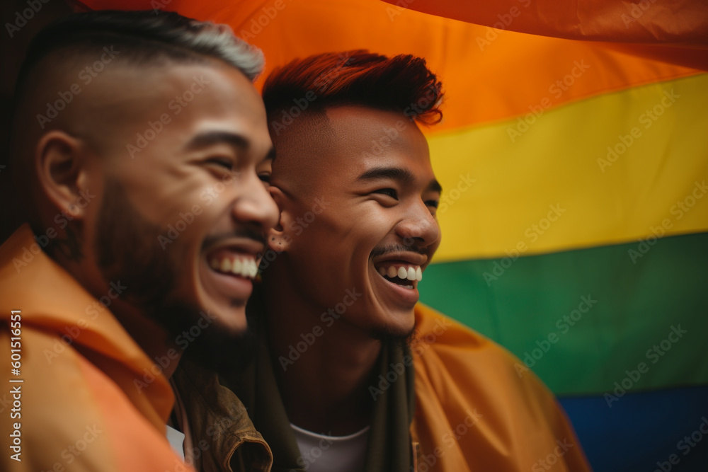 Young adult gay asian couple smiling in front of pride flag - Generative AI - obrazy, fototapety, plakaty 