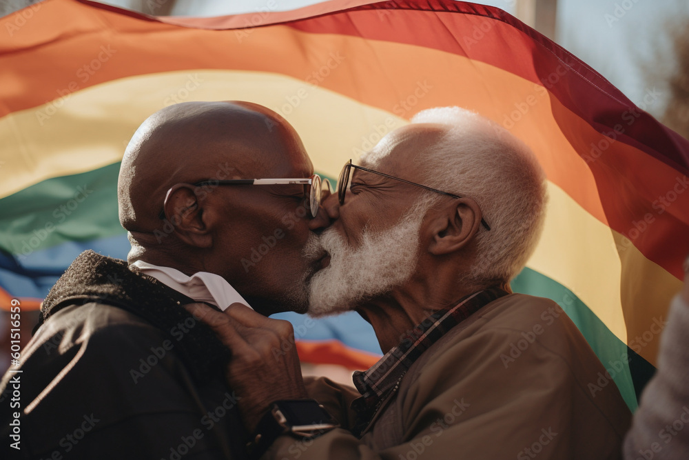 Elderly black couple embracing in front of pride flag - obrazy, fototapety, plakaty 