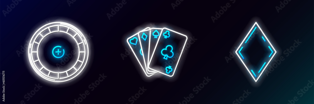 Set line Playing card with diamonds symbol, Casino roulette wheel and cards icon. Glowing neon. Vector