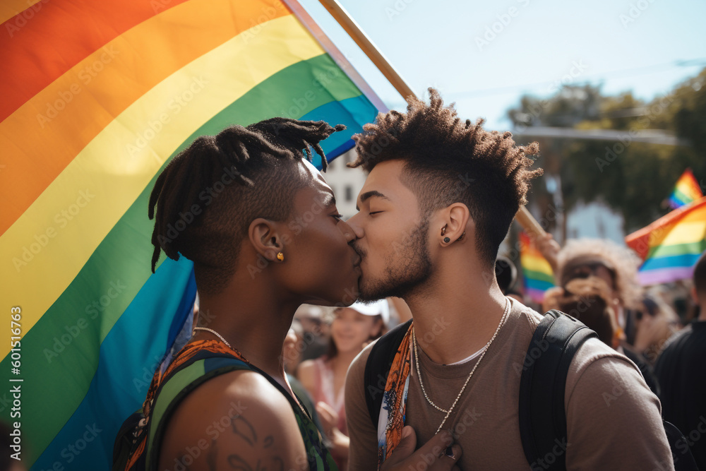 interracial young adult gay couple kissing in front of pride flag - Generative AI - obrazy, fototapety, plakaty 