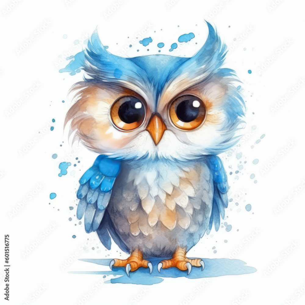 Cute watercolor blue owl. Illustration AI Generative.