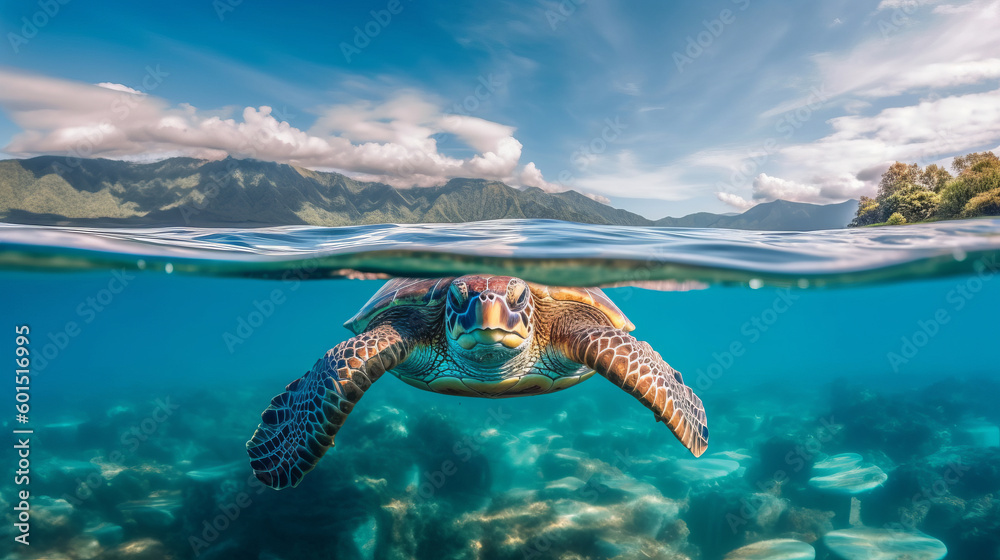 Obraz premium Turtle underwater. Illustration AI Generative.
