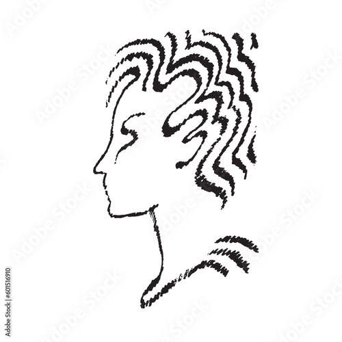 Female face hand-drawn doodle. Woman profile with the hairstyle. Suitable for barbershop design, postcards, print, emblems, and logos. Vector illustration.