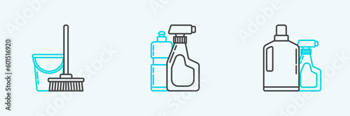 Set line Plastic bottles for liquid dishwashing liquid, Mop and bucket and icon. Vector