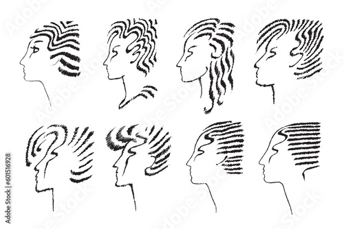 Set of female faces hand-drawn doodle. Woman profile with hairstyle. Suitable for barbershop design. Vector illustration.
