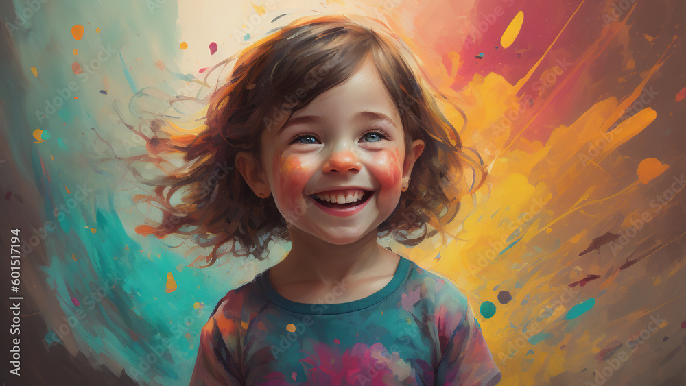 Little kid girl on abstract colorful paint background. Generative AI Little kid girl on abstract colorful paint background. Generative AI