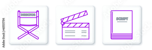 Set line Scenario, Director movie chair and Movie clapper icon. Vector