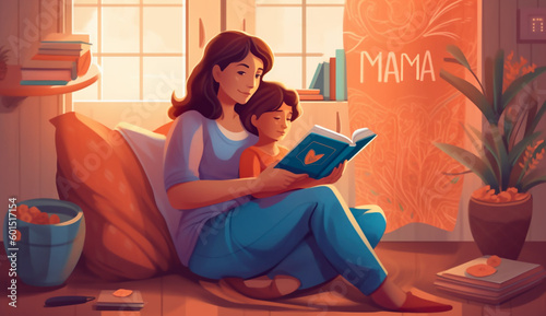 Mother's day greeting card. wam illustration of mama and daughter reading a book in mothers day.