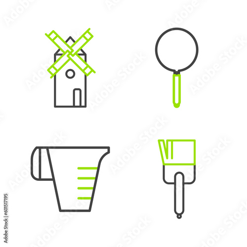 Set line Kitchen brush  Measuring cup  Frying pan and Windmill icon. Vector