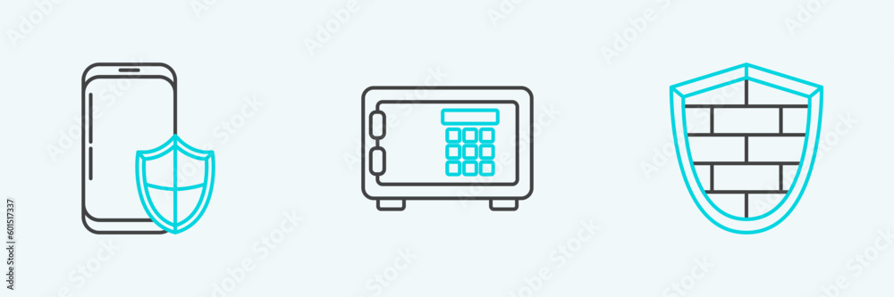 Set line Shield with cyber security brick wall, Smartphone shield and Safe icon. Vector Set line Shield with cyber security brick wall, Smartphone shield and Safe icon. Vector