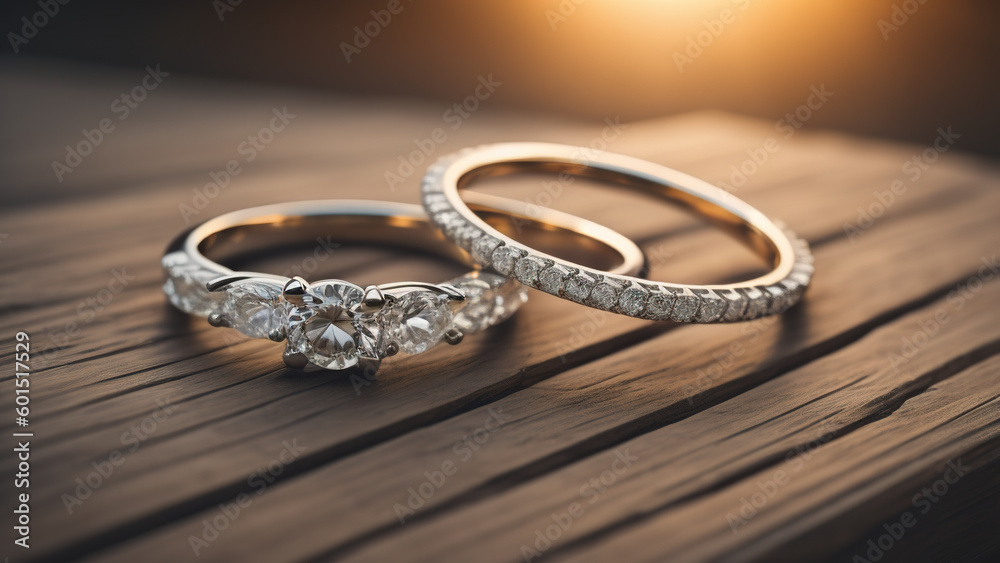 Wedding diamond ring on wooden table. Generative AI Wedding diamond ring on wooden table. Generative AI