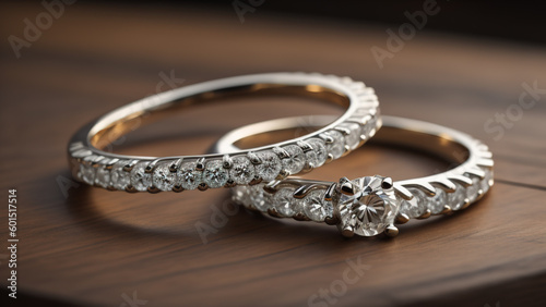 Wedding diamond ring on wooden table. Generative AI