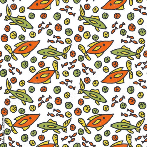 Seamless abstract pattern. Simple background on orange, khaki, yellow, white. Hand drawn. Illustration. Fishes, shells. Designed for textile fabrics, wrapping paper, background, wallpaper, cover.