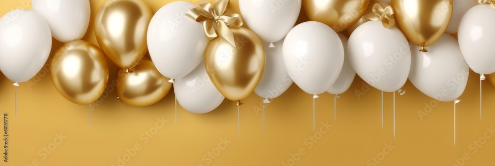 Gold and white helium balloons on gold background with copy space ...