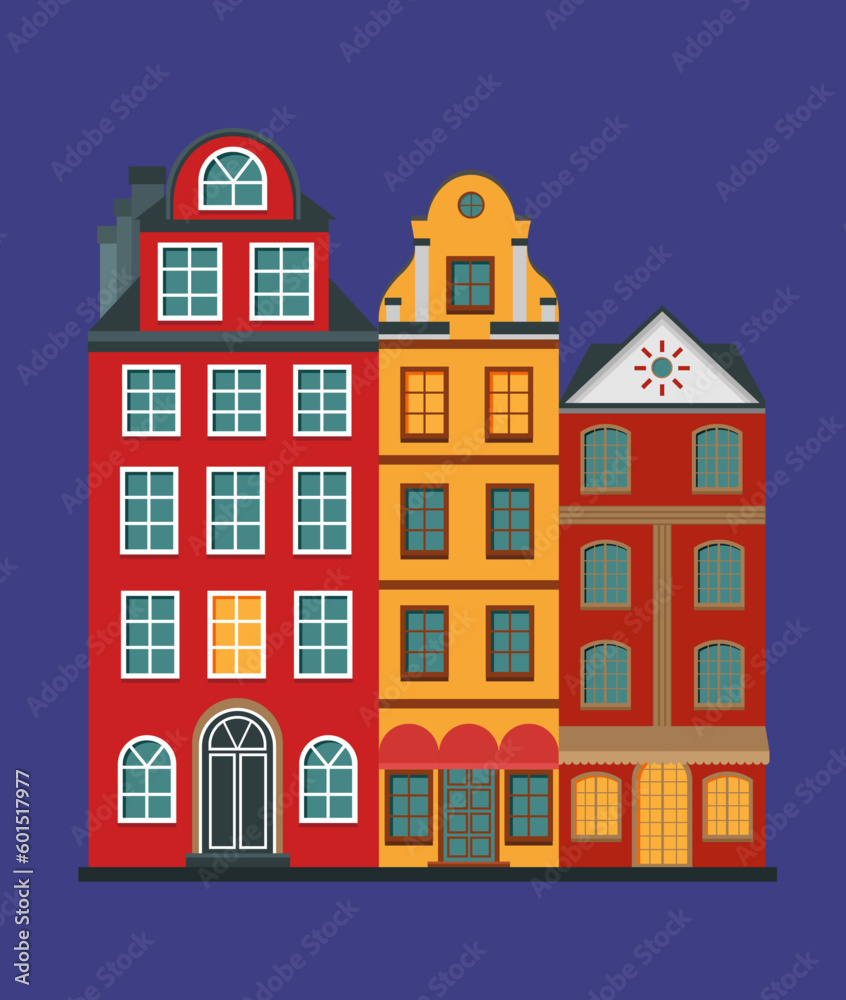 Vector illustration of the old buildings of Stockholm. Isolated on a blue background.	