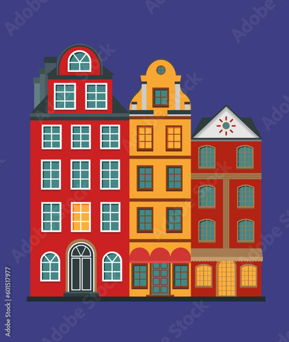 Vector illustration of the old buildings of Stockholm. Isolated on a blue background.	