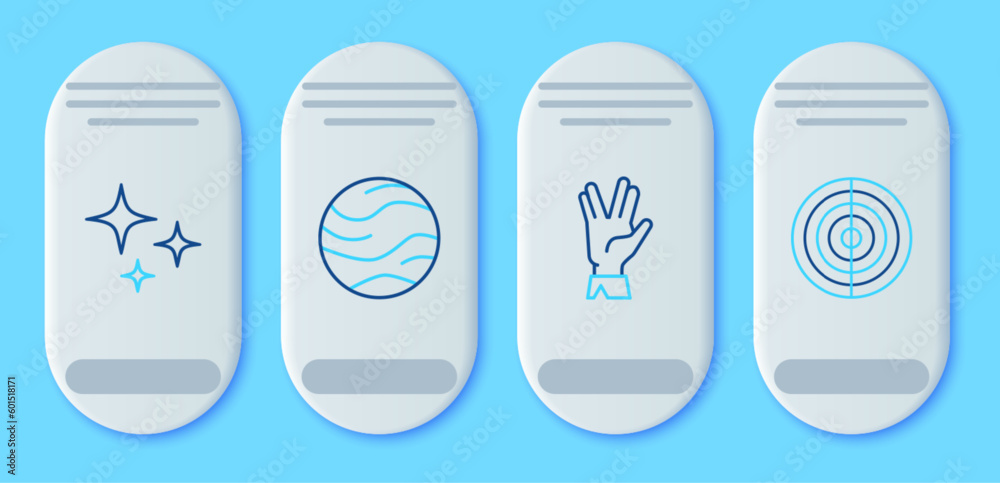 Set line Planet, Vulcan salute, Falling star and Earth structure icon. Vector - obrazy, fototapety, plakaty 
