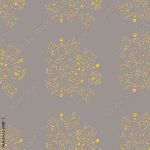 Seamless abstract geometric pattern. Yellow and grey. Dots, polygons, square swirls, circles. Ethnic style. Designed for textile fabrics, wrapping paper, background, wallpaper cover.