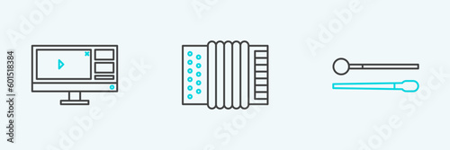 Set line Drum sticks, Video recorder or editor software on monitor and Musical instrument accordion icon. Vector
