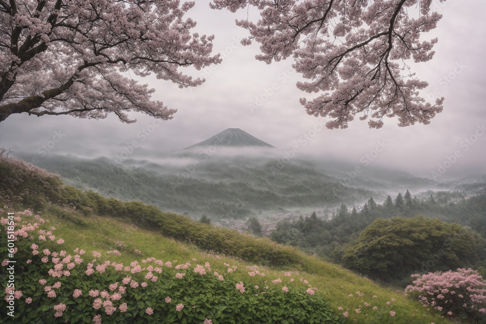 Fototapeta premium Sakura blossoms in japanese style ornamental garden, beautiful landscape. Generative AI.