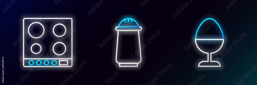 Set line Chicken egg on a stand, Gas stove and Salt pepper icon. Glowing neon. Vector Set line Chicken egg on a stand, Gas stove and Salt pepper icon. Glowing neon. Vector