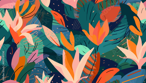 Modern colorful tropical floral pattern. Cute botanical abstract contemporary seamless pattern. Hand drawn unique print