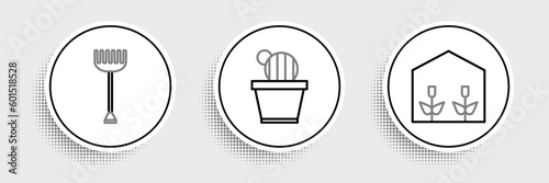 Set line Home greenhouse and plants, Garden rake and Cactus succulent in pot icon. Vector