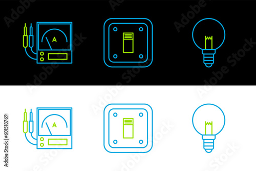 Set line Light bulb, Ampere meter, multimeter, voltmeter and Electric light switch icon. Vector
