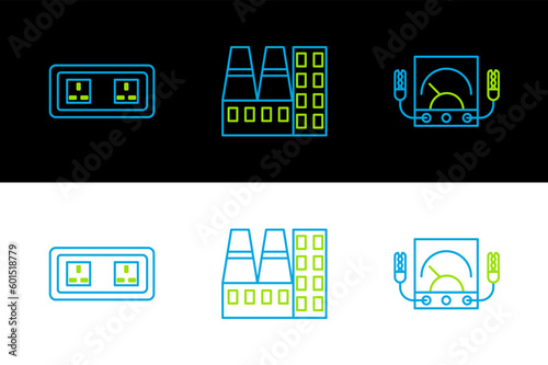 Set line Ampere meter, multimeter, voltmeter, Electrical outlet and Power station plant and factory icon. Vector