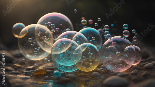 Abstract bubbles at sunrise. Generative AI