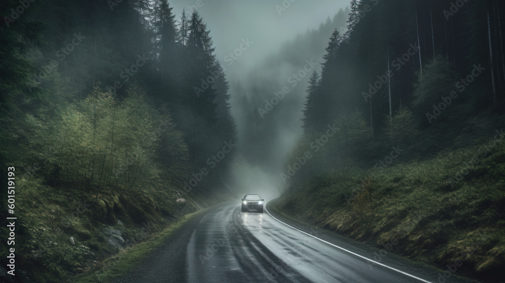 A gray sports car driving on a wet road on a rainy autumn day through a foggy forest with a cloudy sky. Generative AI A gray sports car driving on a wet road on a rainy autumn day through a foggy forest with a cloudy sky. Generative AI