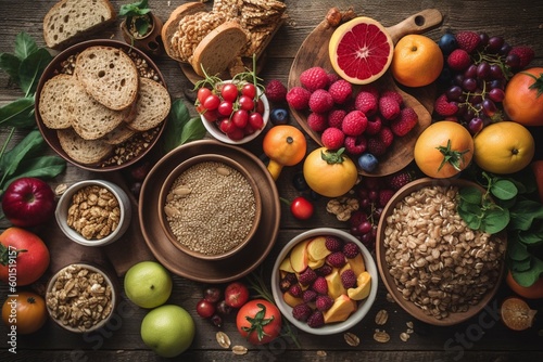 Flat Lay of Various Types of Fresh Fruits, Vegetables, and Whole Grains