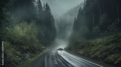 A gray sports car driving on a wet road on a rainy autumn day through a foggy forest with a cloudy sky. Generative AI